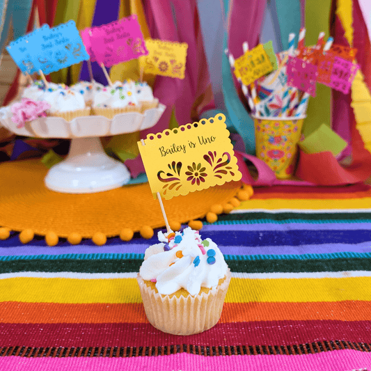 Personalized Papel Picado Fiesta Cupcake Toppers - Lula Flora