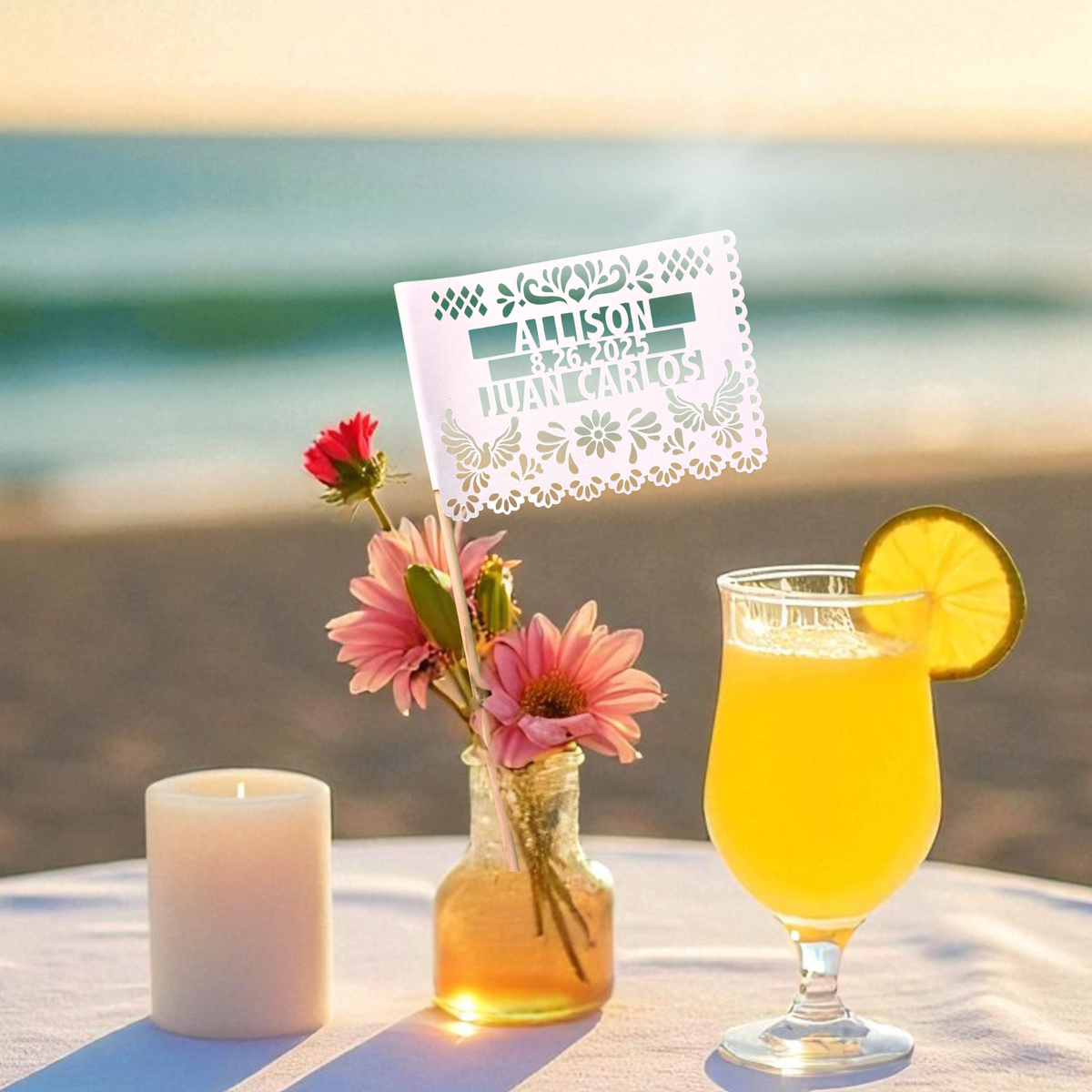 Personalized floral papel picado wedding centerpiece flags
