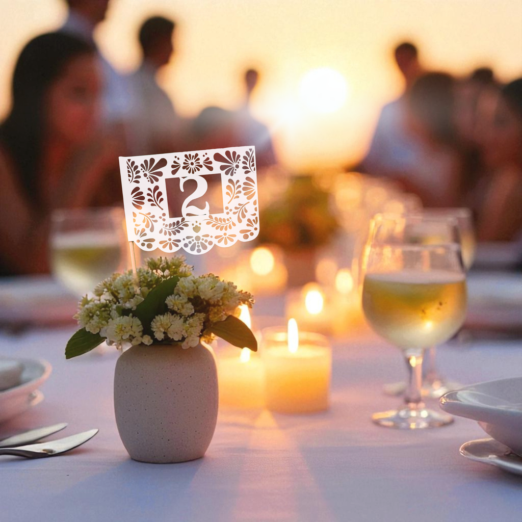 Hacienda Talavera table number flags in custom colors
