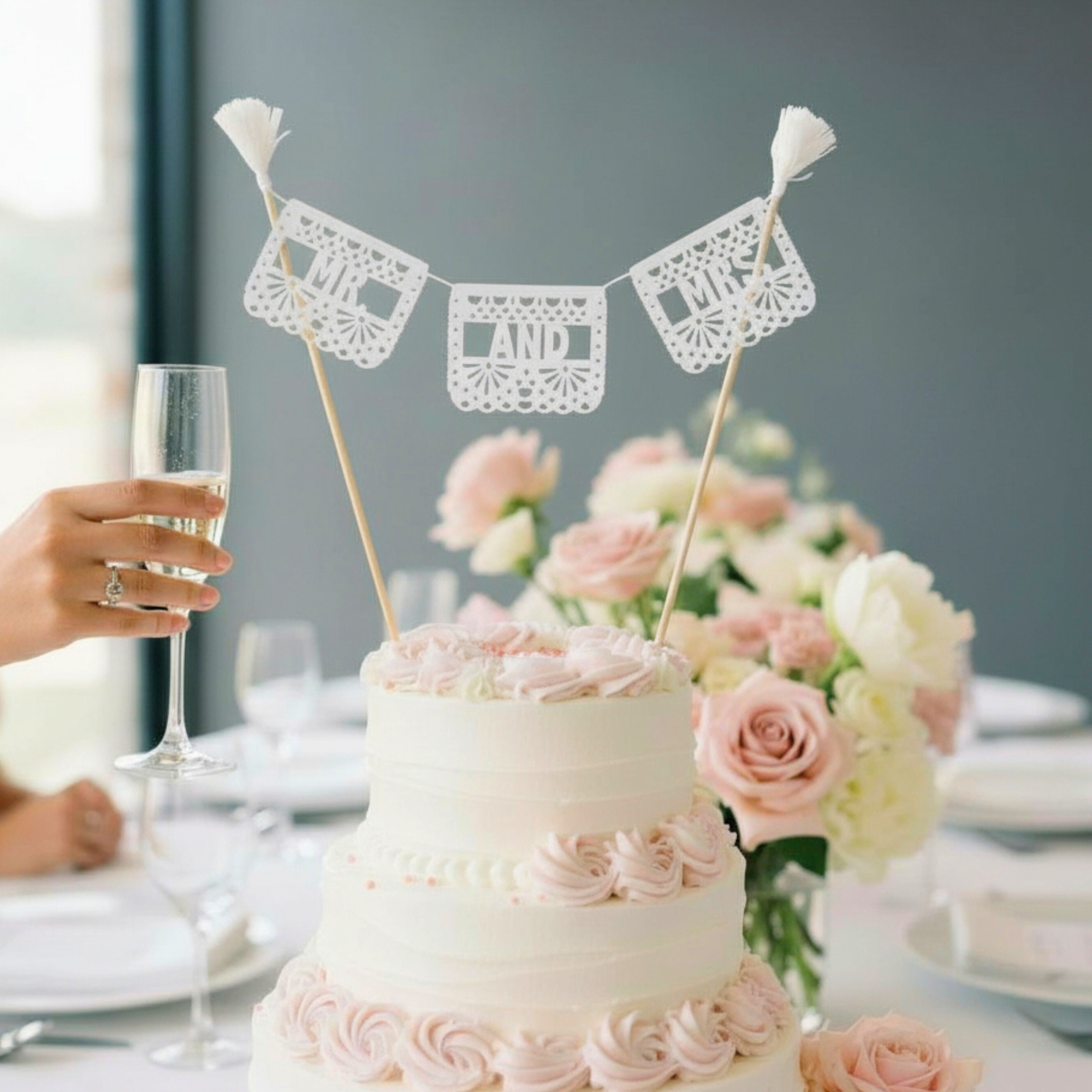 Personalized Papel Picado Wedding Cake Topper with Three Flags