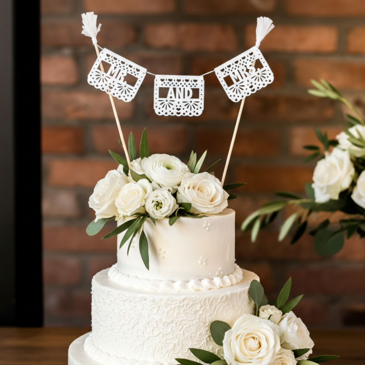 Personalized Papel Picado Wedding Cake Topper with Three Flags