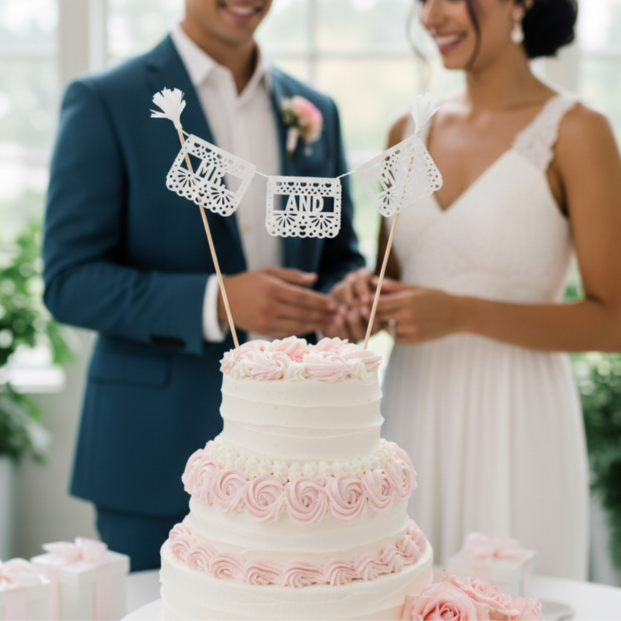 Personalized Papel Picado Wedding Cake Topper with Three Flags