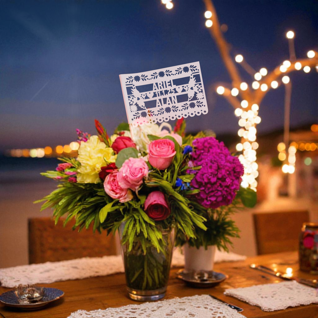 Custom papel picado wedding centerpiece flags with two doves