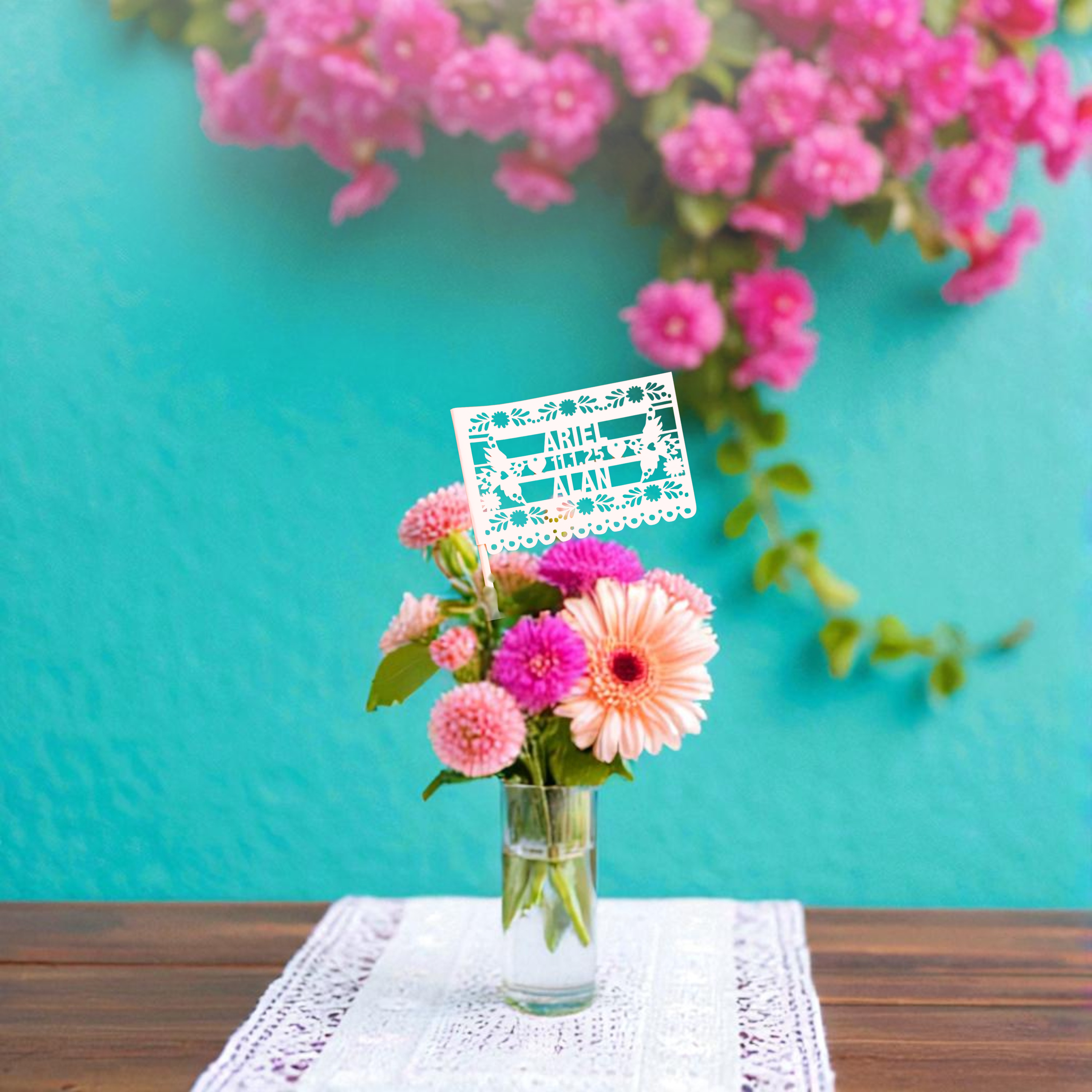 Custom papel picado wedding centerpiece flags with two doves