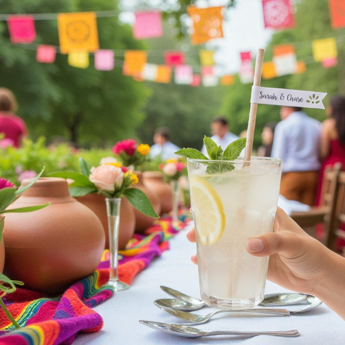 Personalized wedding cocktail straws with custom printed flags