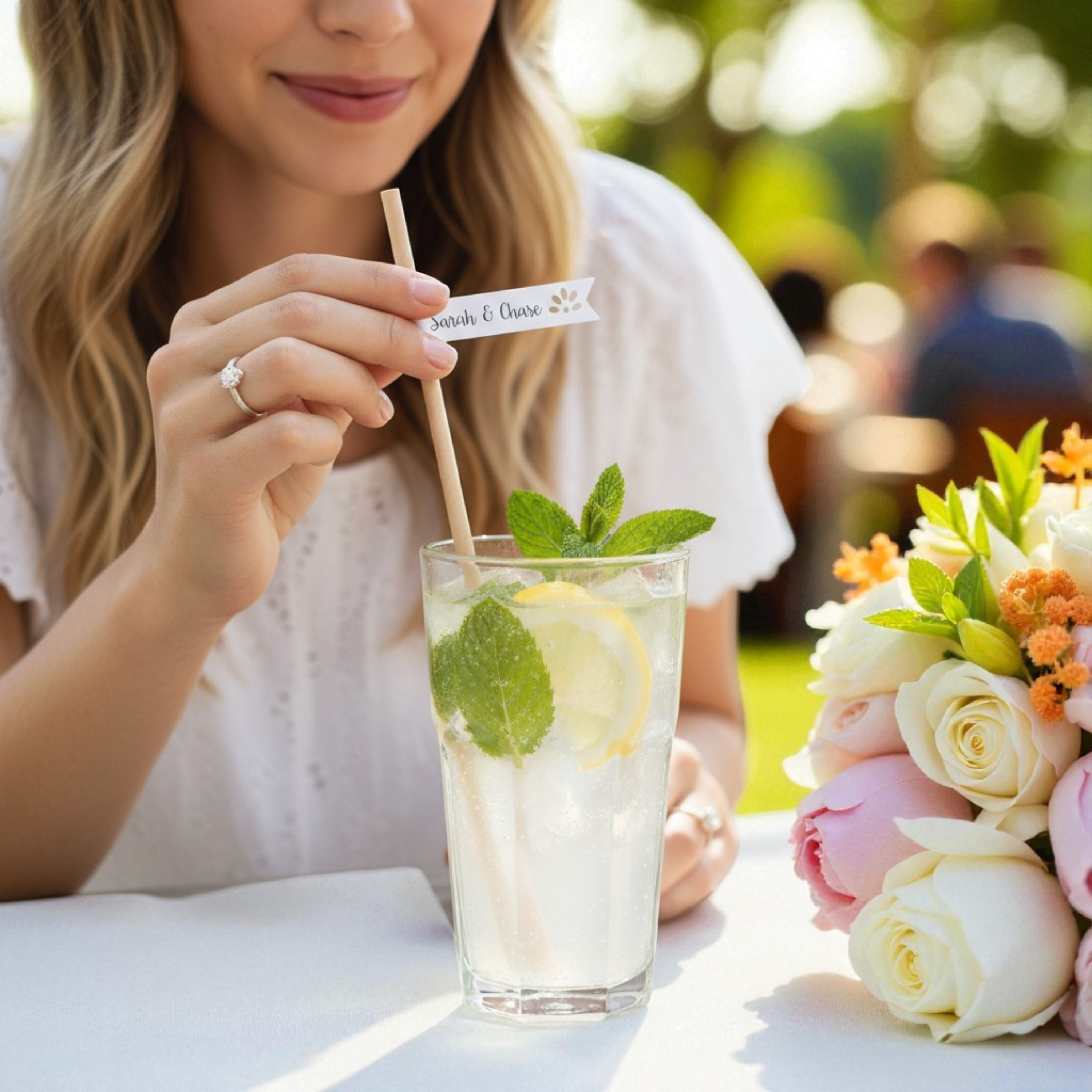 Personalized wedding cocktail straws with custom printed flags