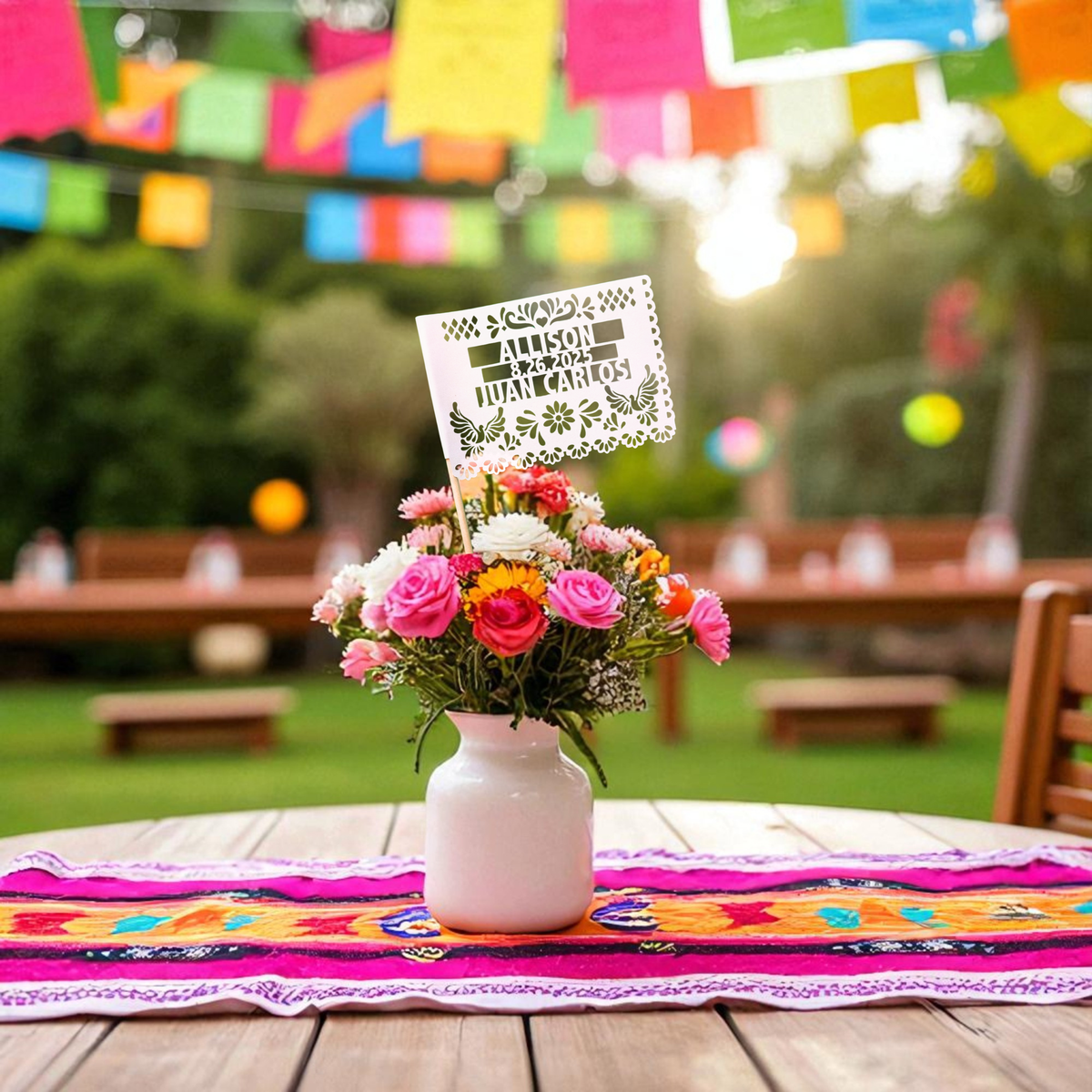 Personalized Cielito Lindo wedding centerpiece flags
