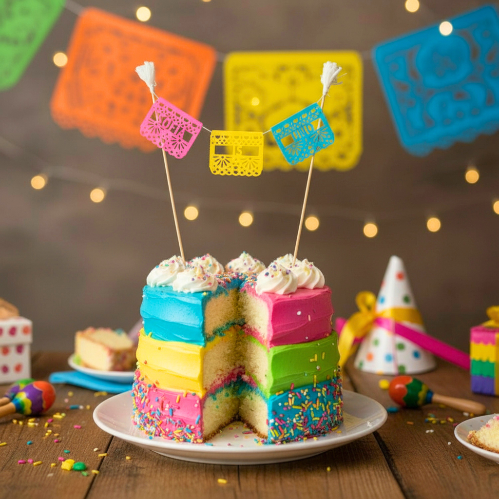 Personalized Papel Picado Fiesta Cake Topper with Three Flags