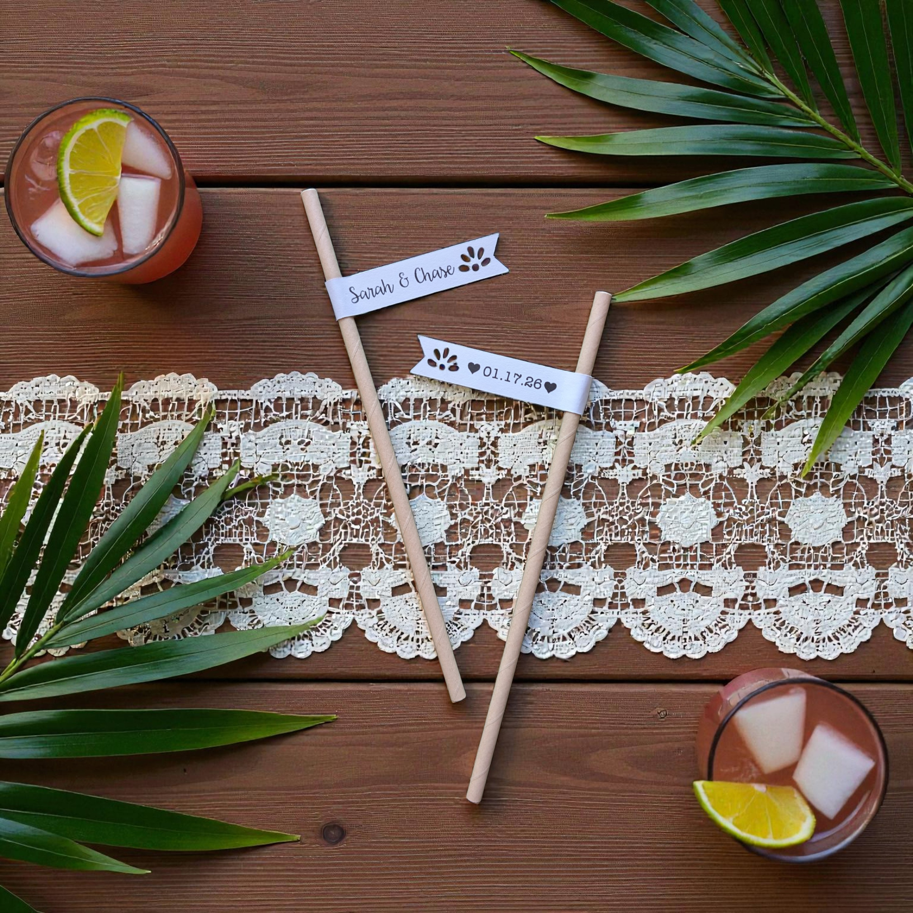 Personalized wedding cocktail straws with custom printed flags