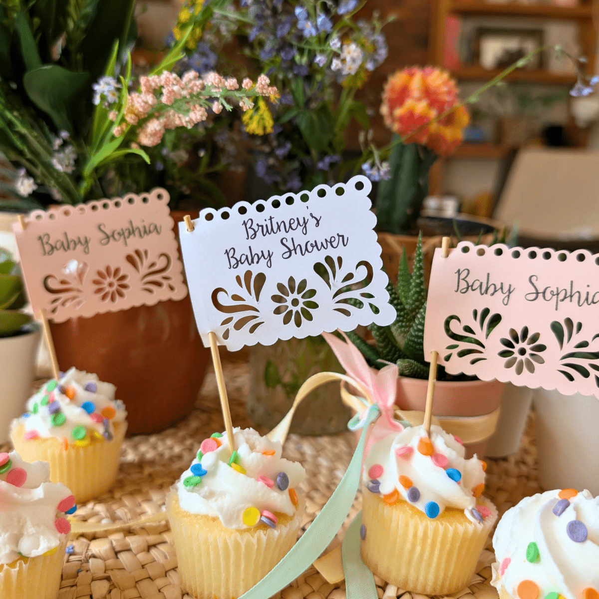 Personalized Baby in Bloom Floral Cupcake and Favor Picks