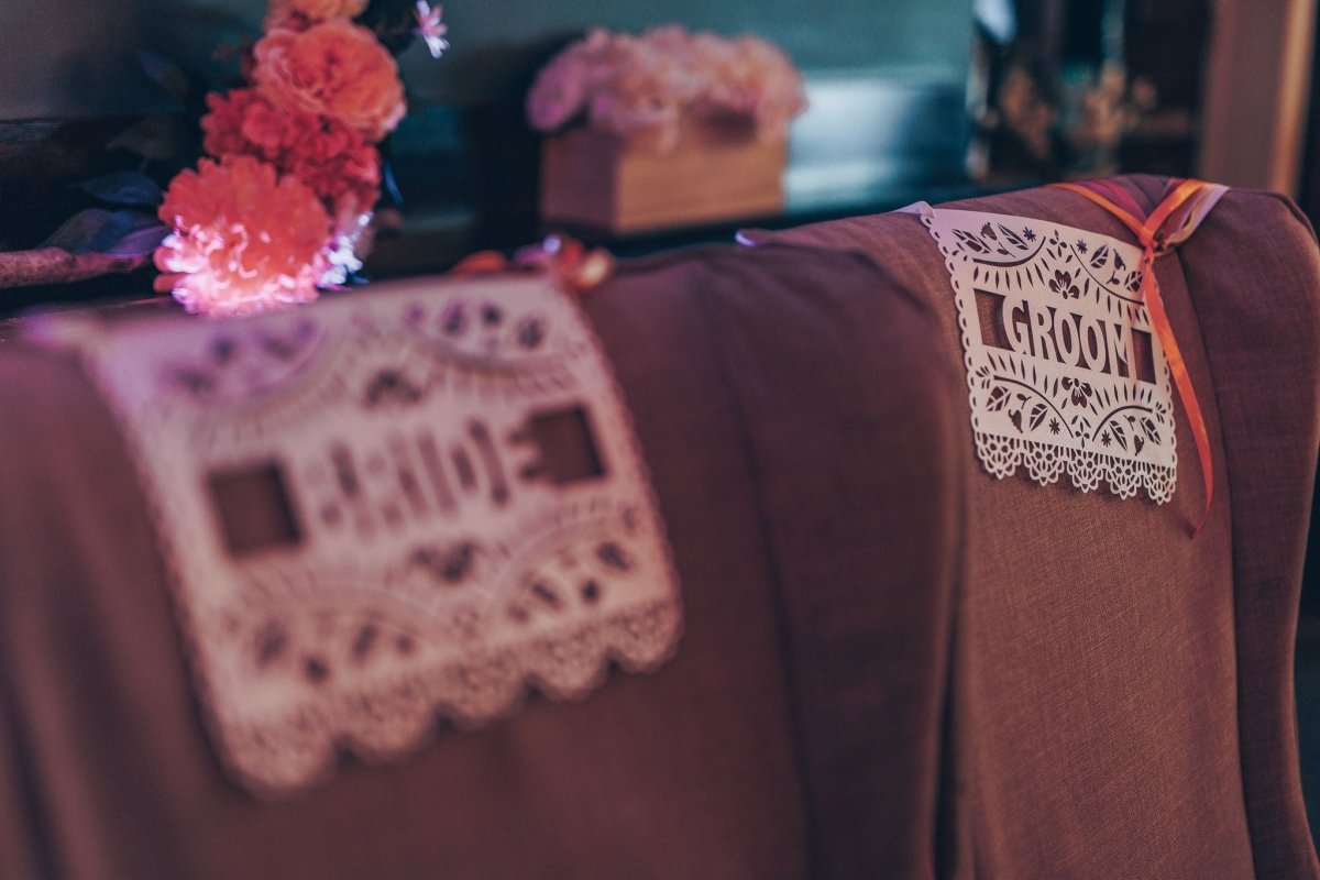 Bride and Groom Papel Picado Wedding Chair Signs - Lula Flora