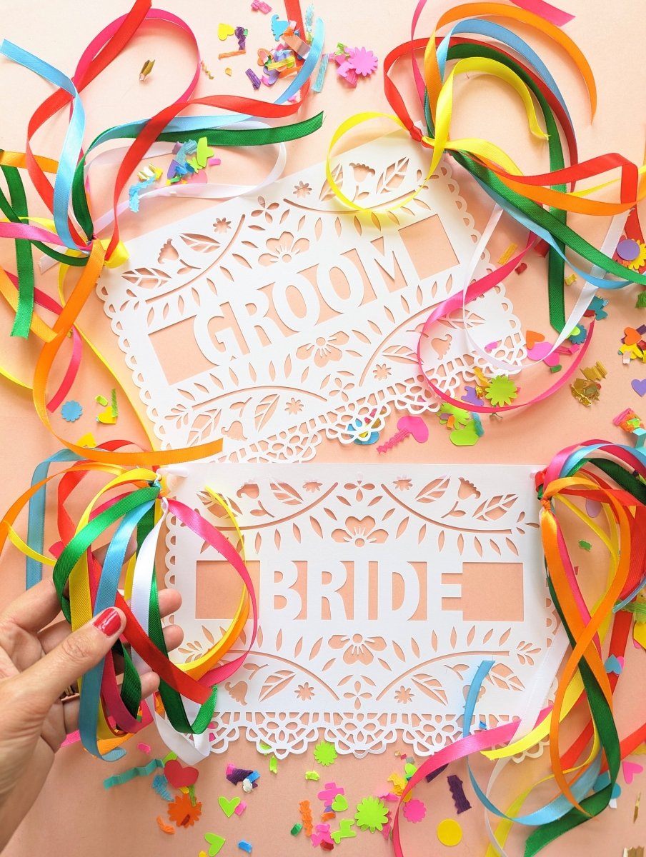 Bride and Groom Papel Picado Wedding Chair Signs - Lula Flora