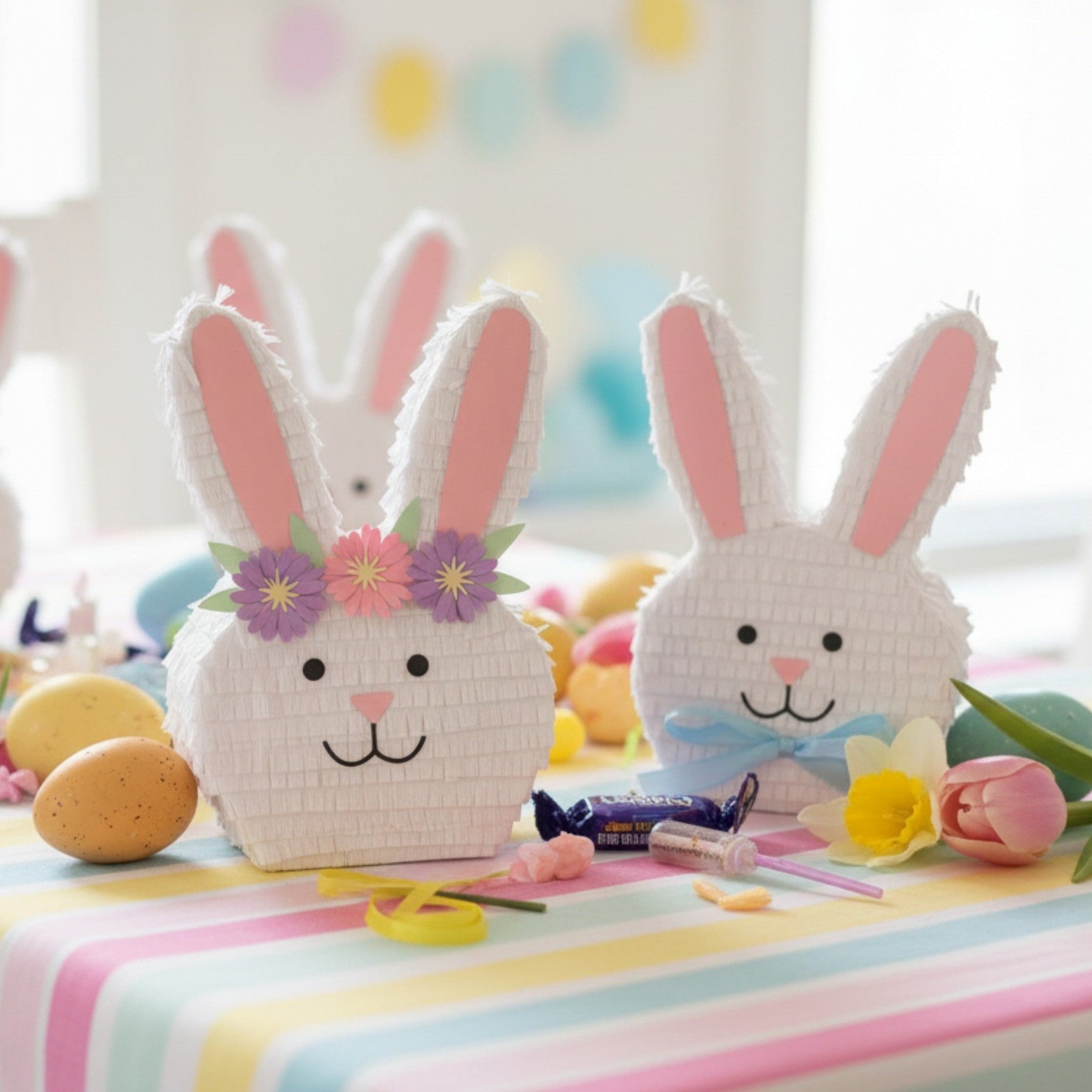 Three decorative bunny figures on a table with Easter decorations.