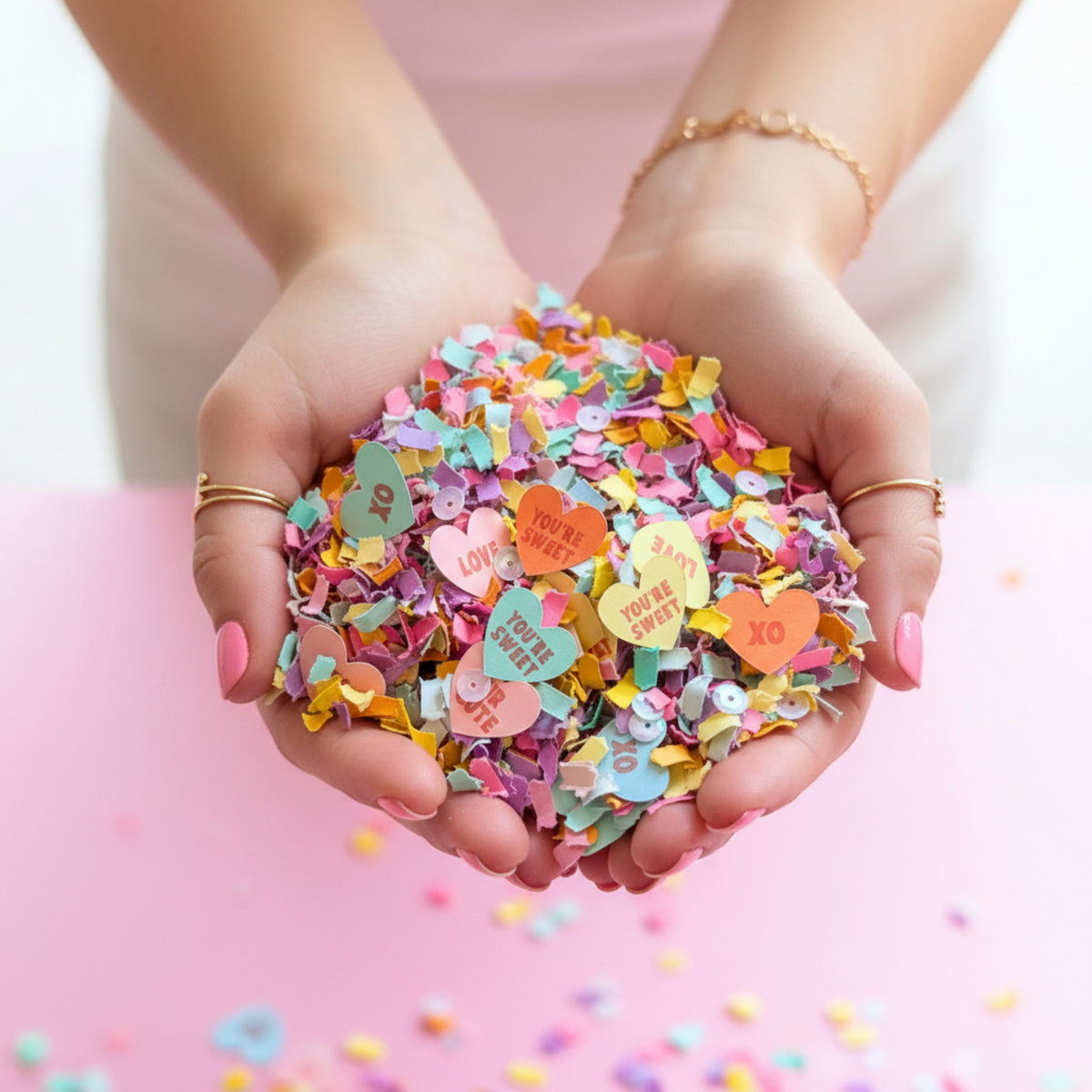 Pastel candy heart Valentine's confetti with conversation heart sayings
