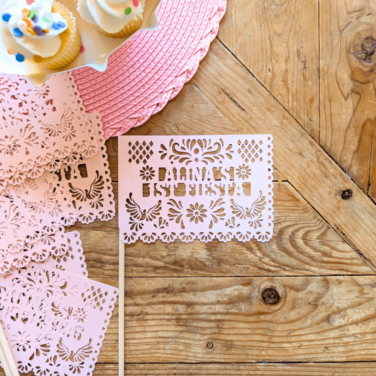 Personalized Cielito Lindo birthday centerpiece flags