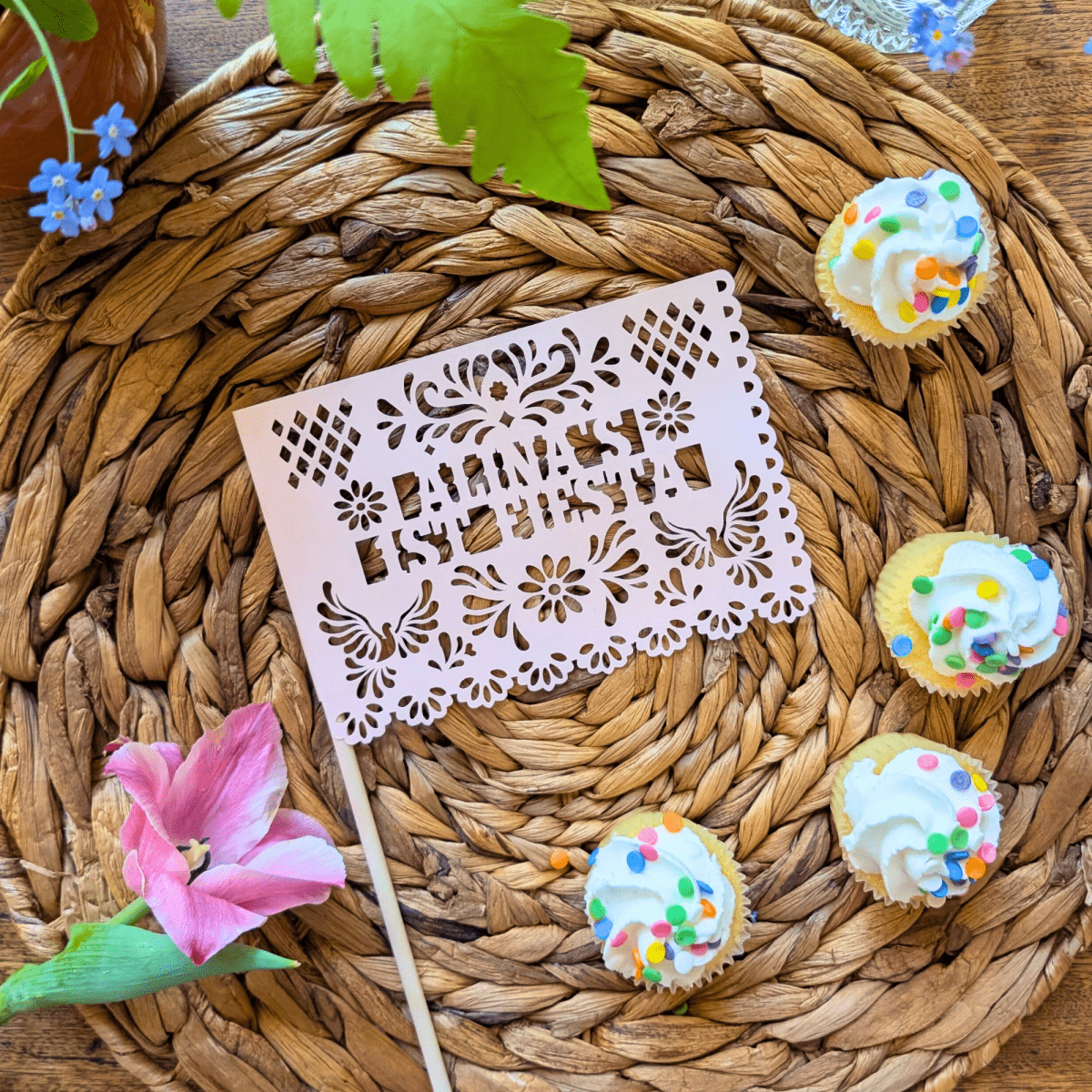 Personalized Cielito Lindo birthday centerpiece flags