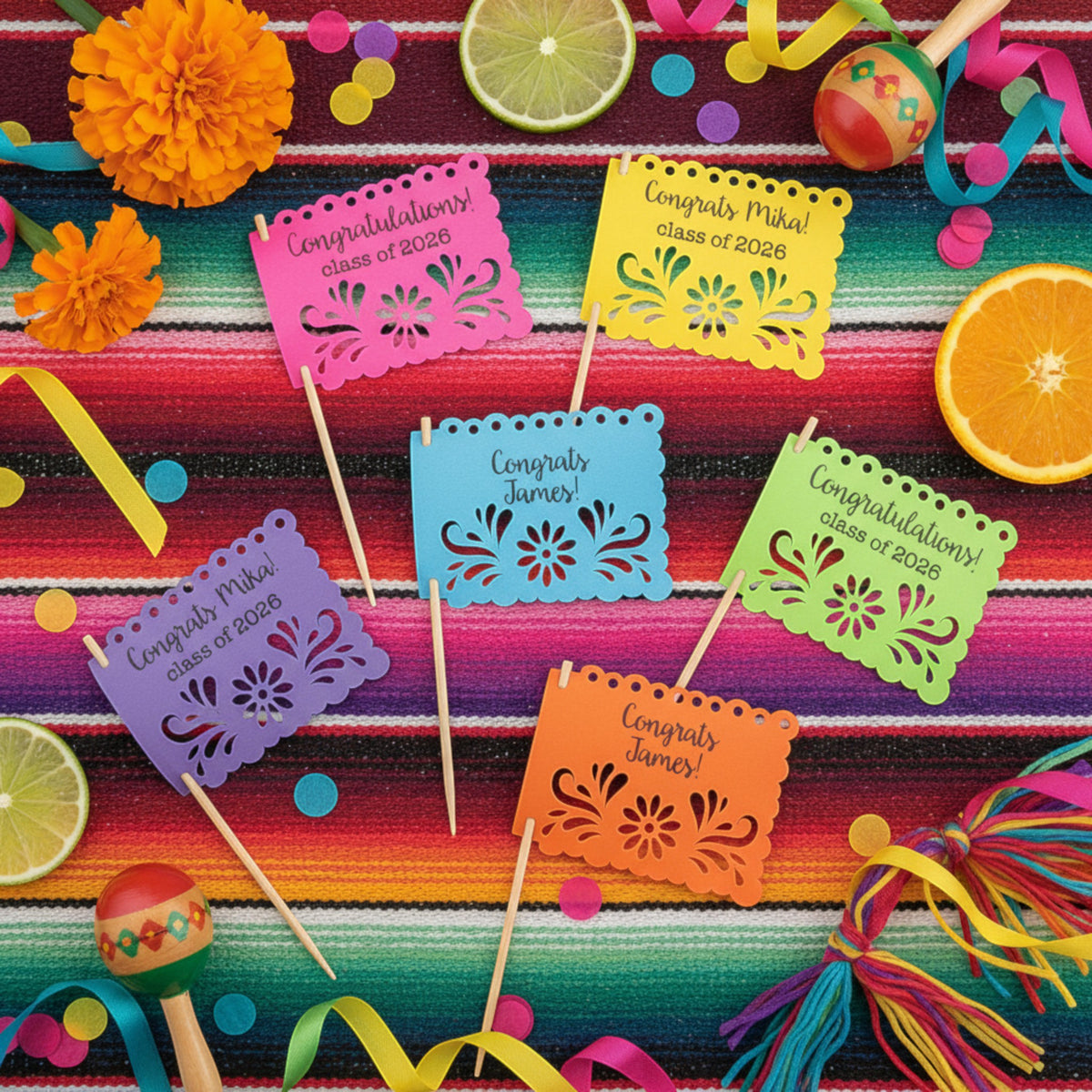 Personalized Fiesta Graduation Papel Picado Food Picks