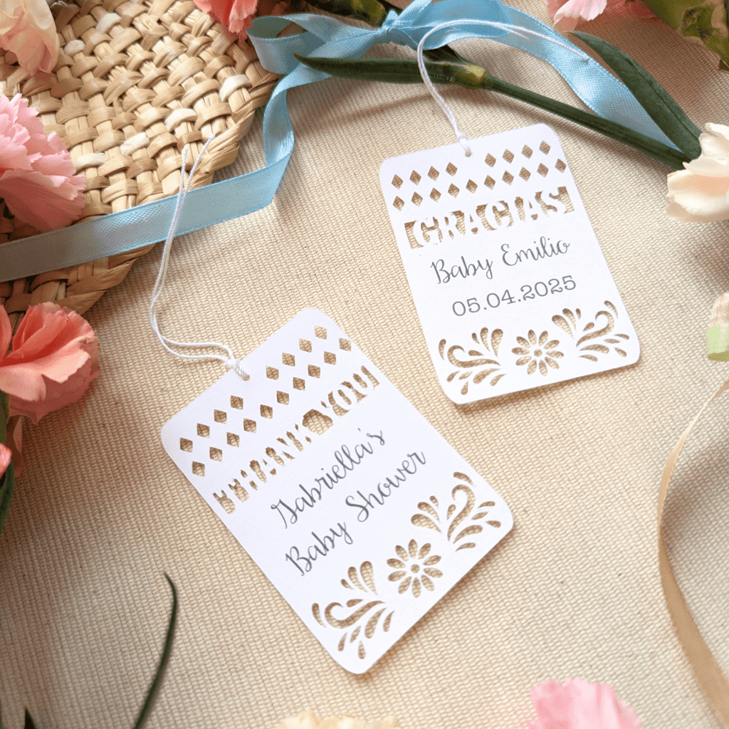 Custom papel picado favor tags with personalized message