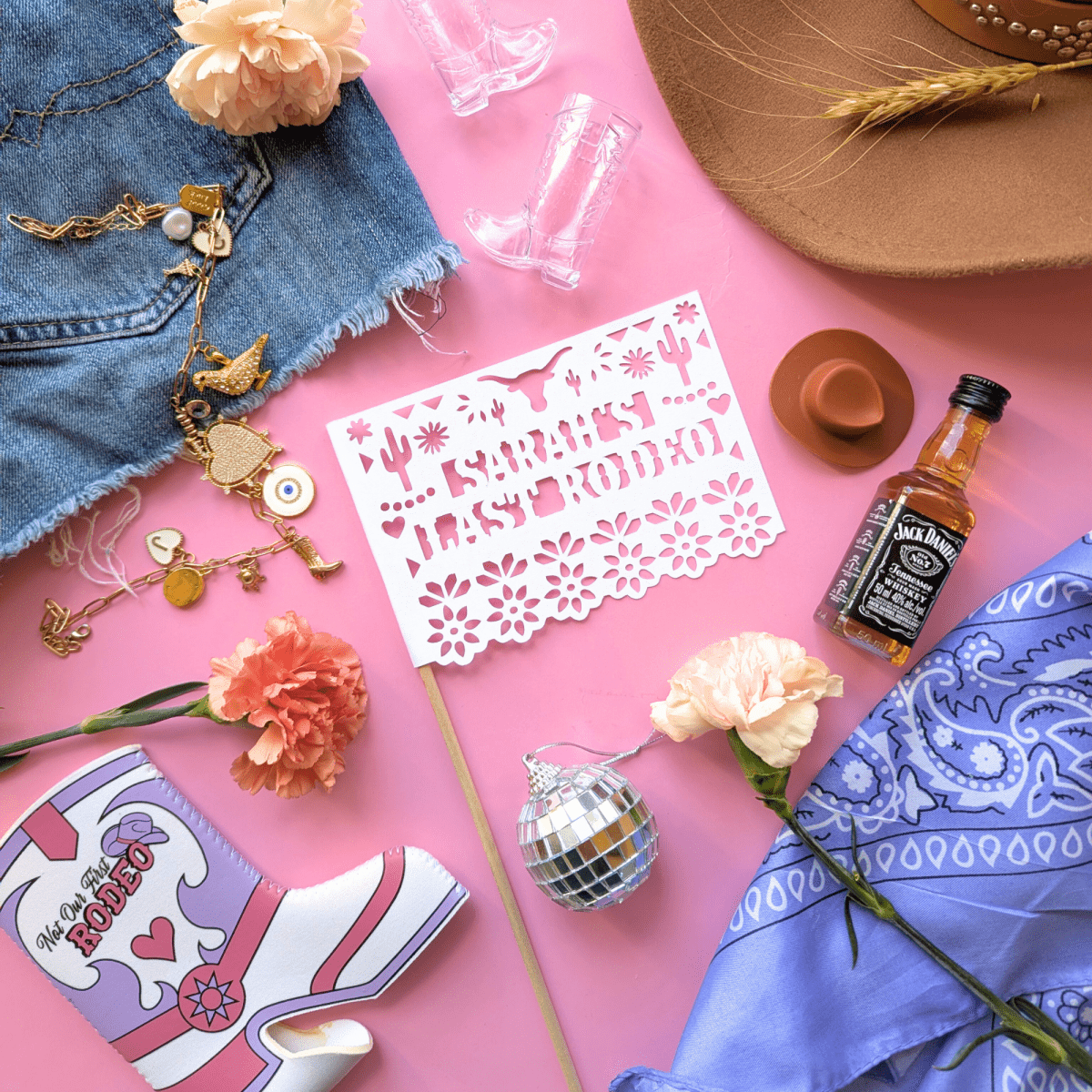 Custom rodeo bachelorette centerpiece flags