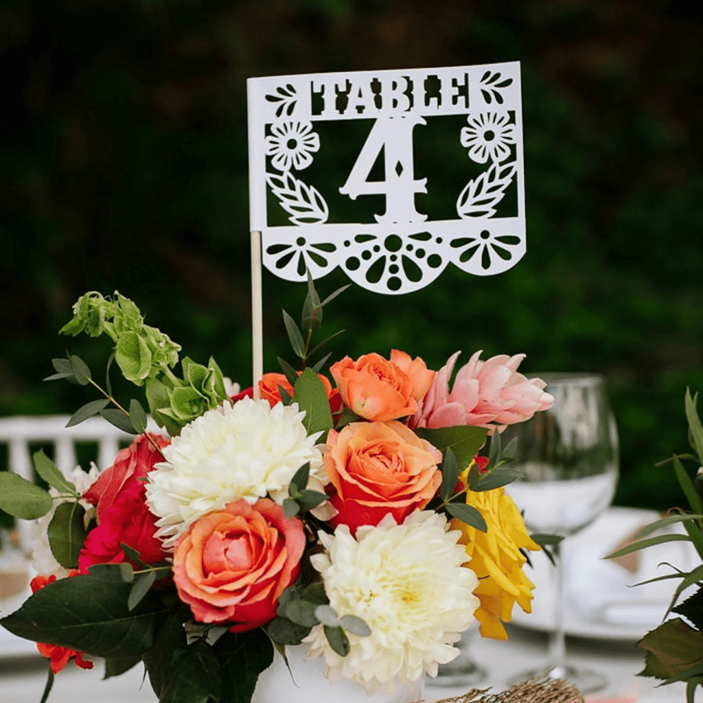 Floral wedding table number flags in custom colors