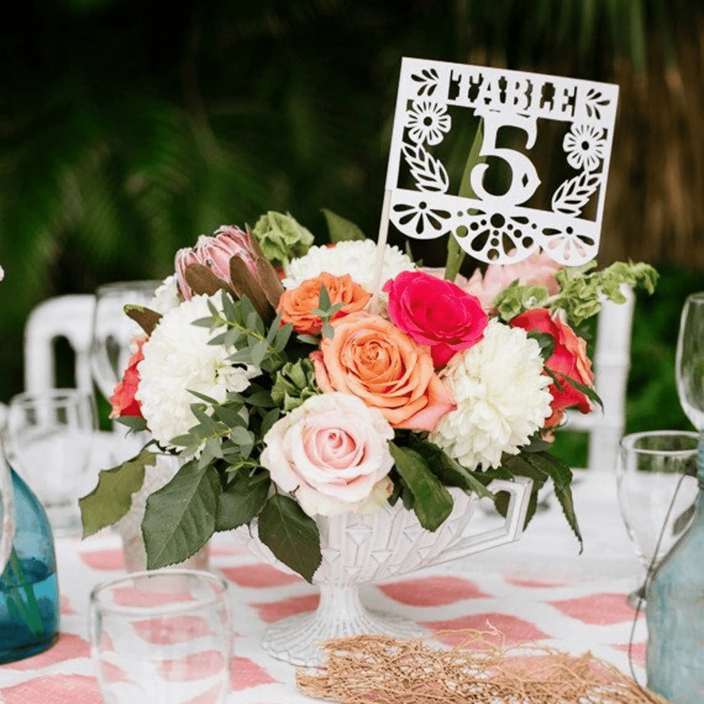 Floral wedding table number flags in custom colors
