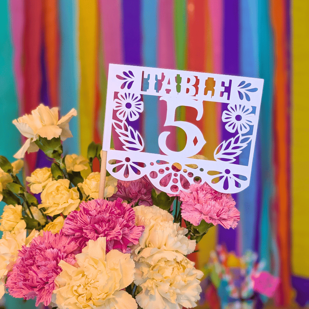Floral wedding table number flags in custom colors