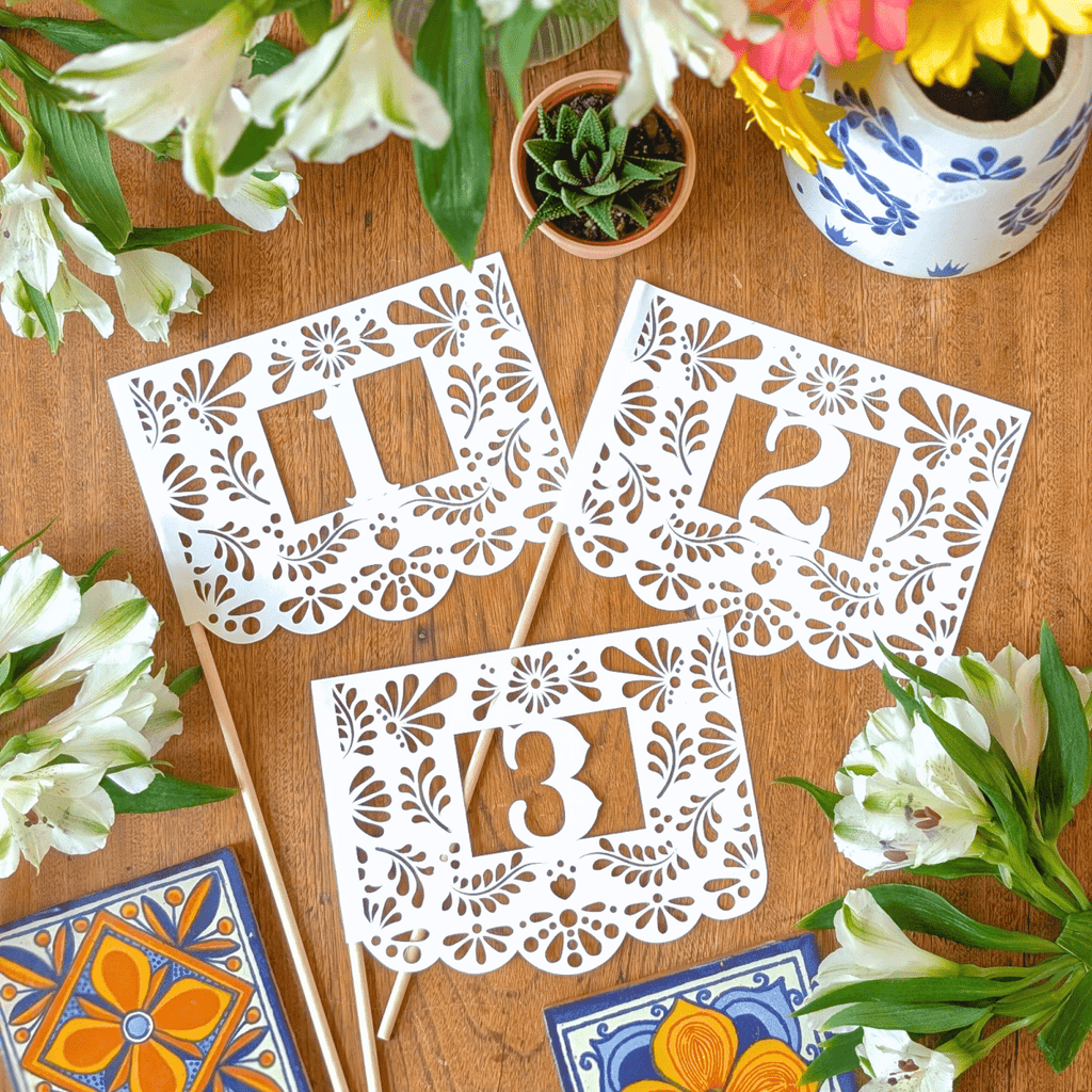 Hacienda Talavera table number flags in custom colors