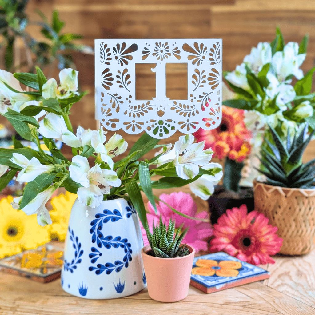 Hacienda Talavera table number flags in custom colors