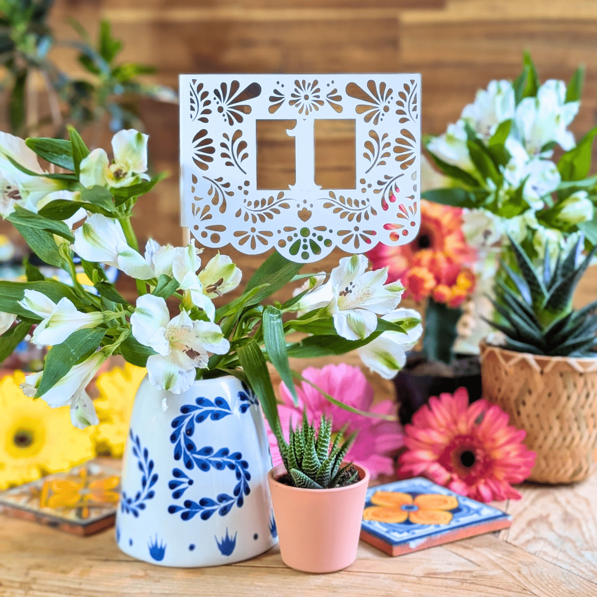 Hacienda Talavera table number flags in custom colors