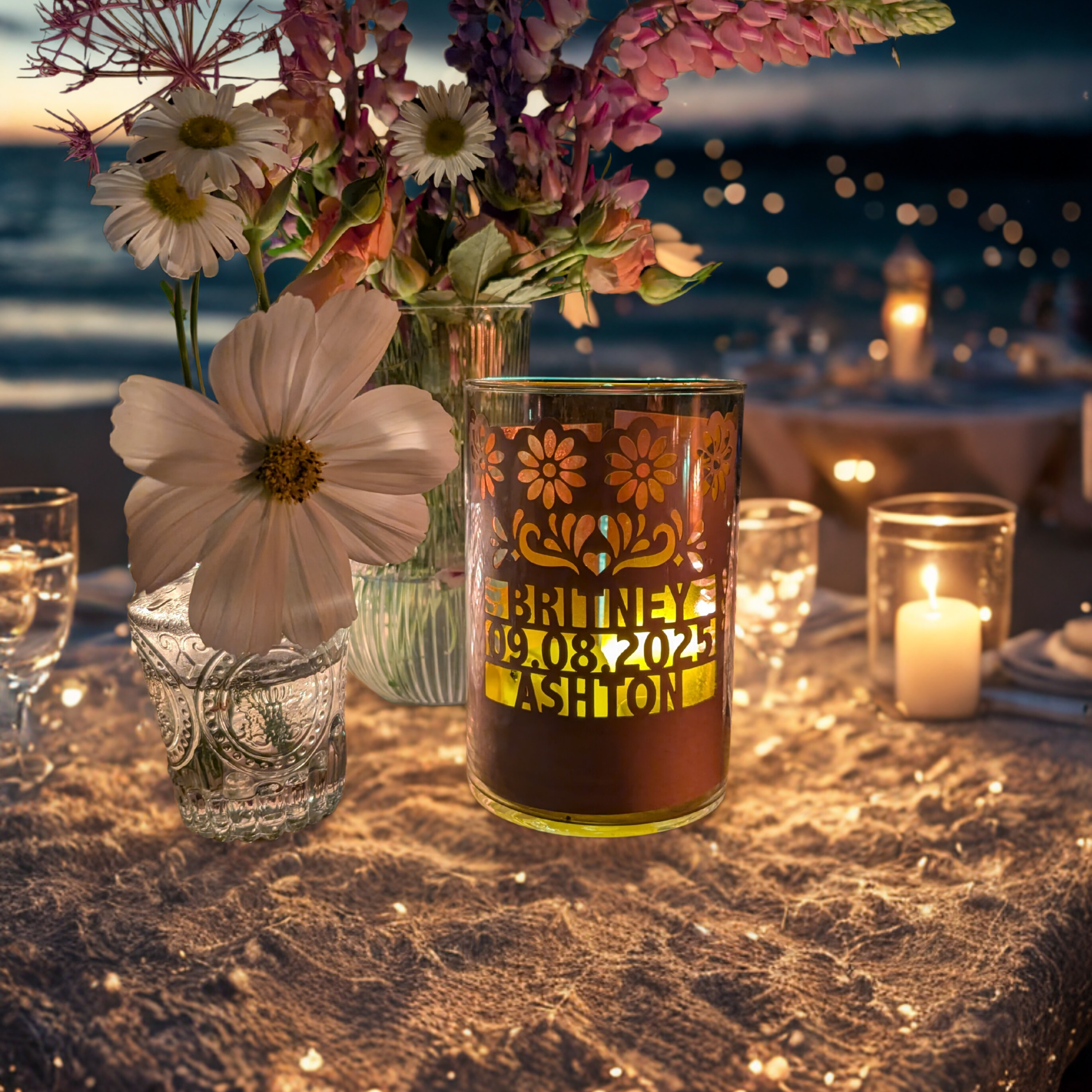 Personalized paper wedding luminaries with custom names and date