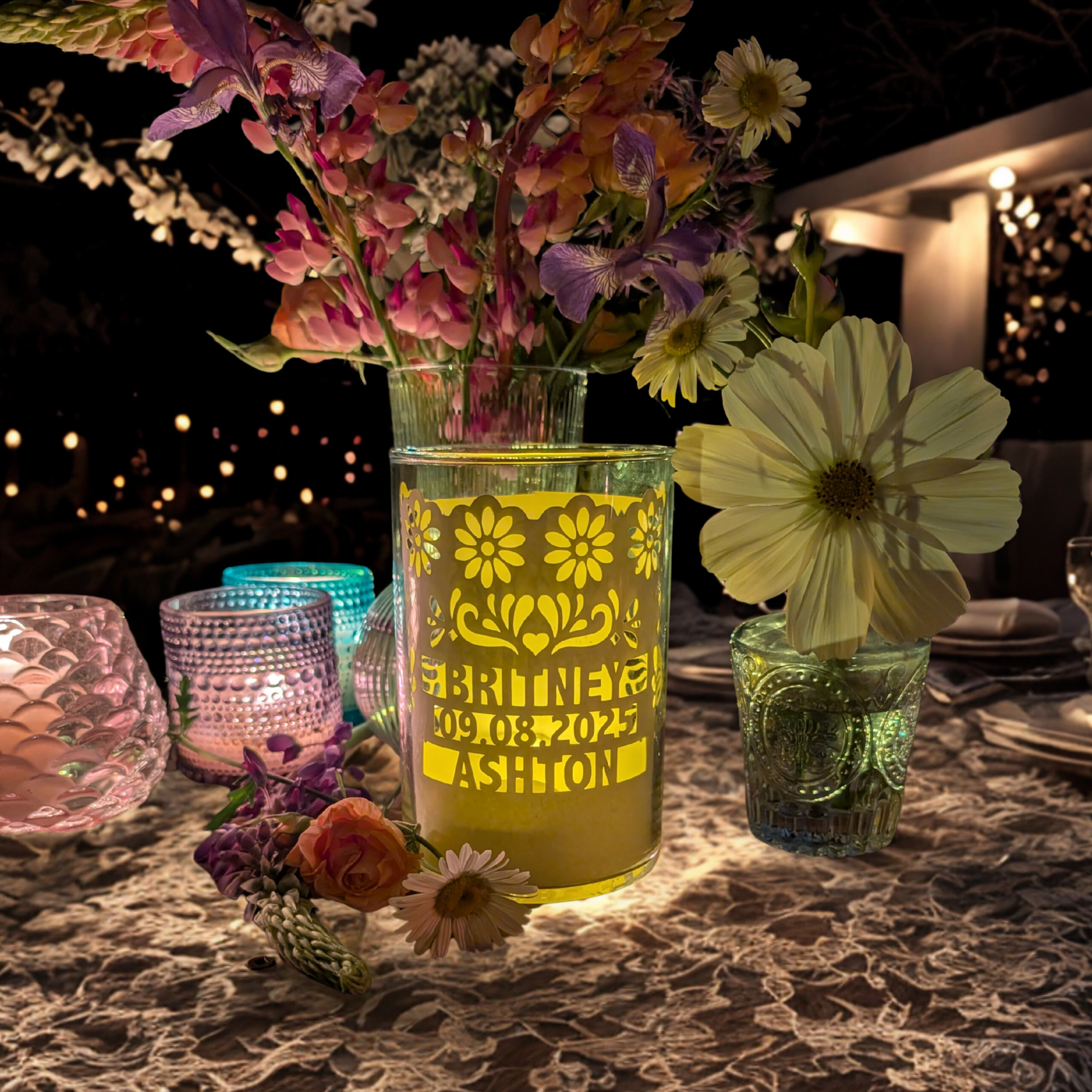 Personalized paper wedding luminaries with custom names and date