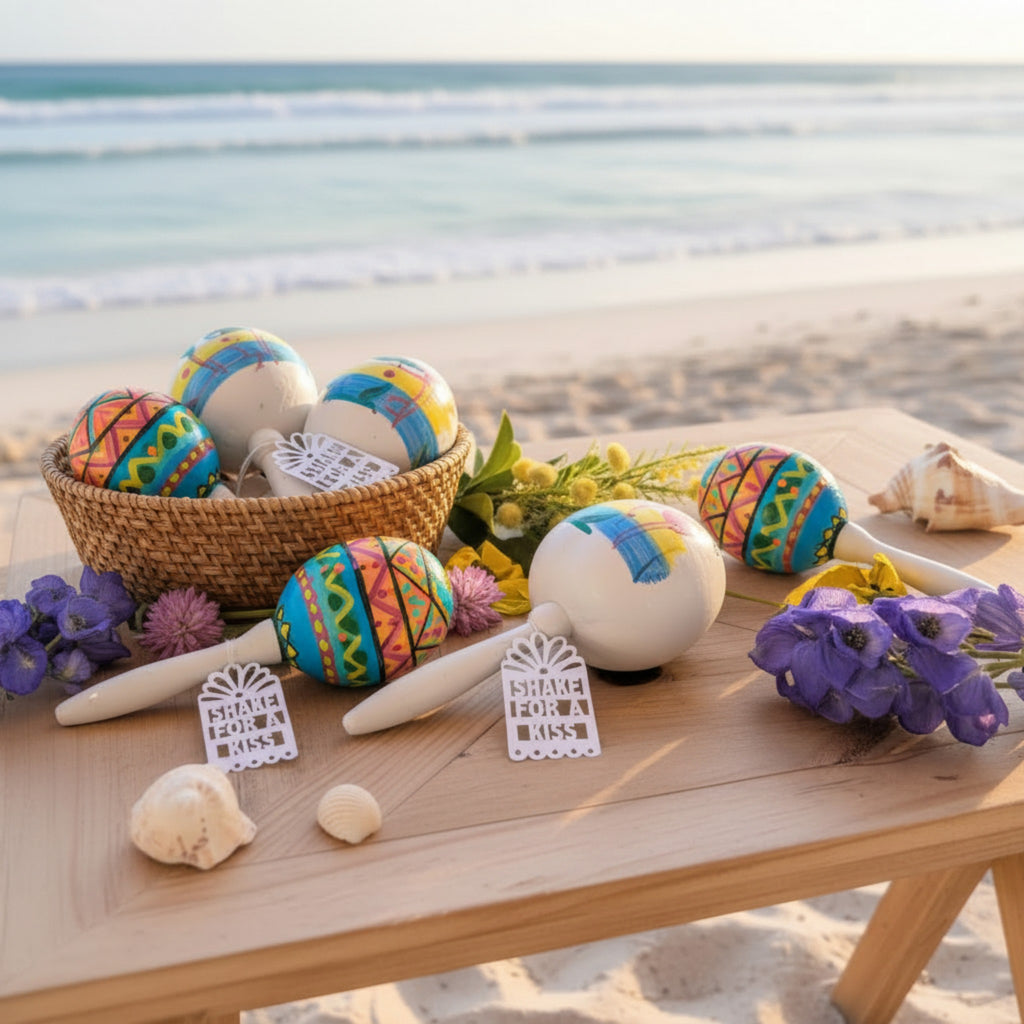 Maraca wedding favor tags with custom colors