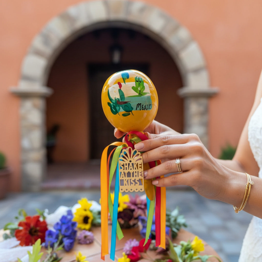 Maraca wedding favor tags with custom colors