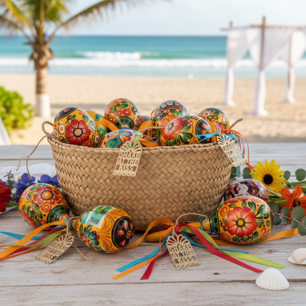 Maraca wedding favor tags with custom colors