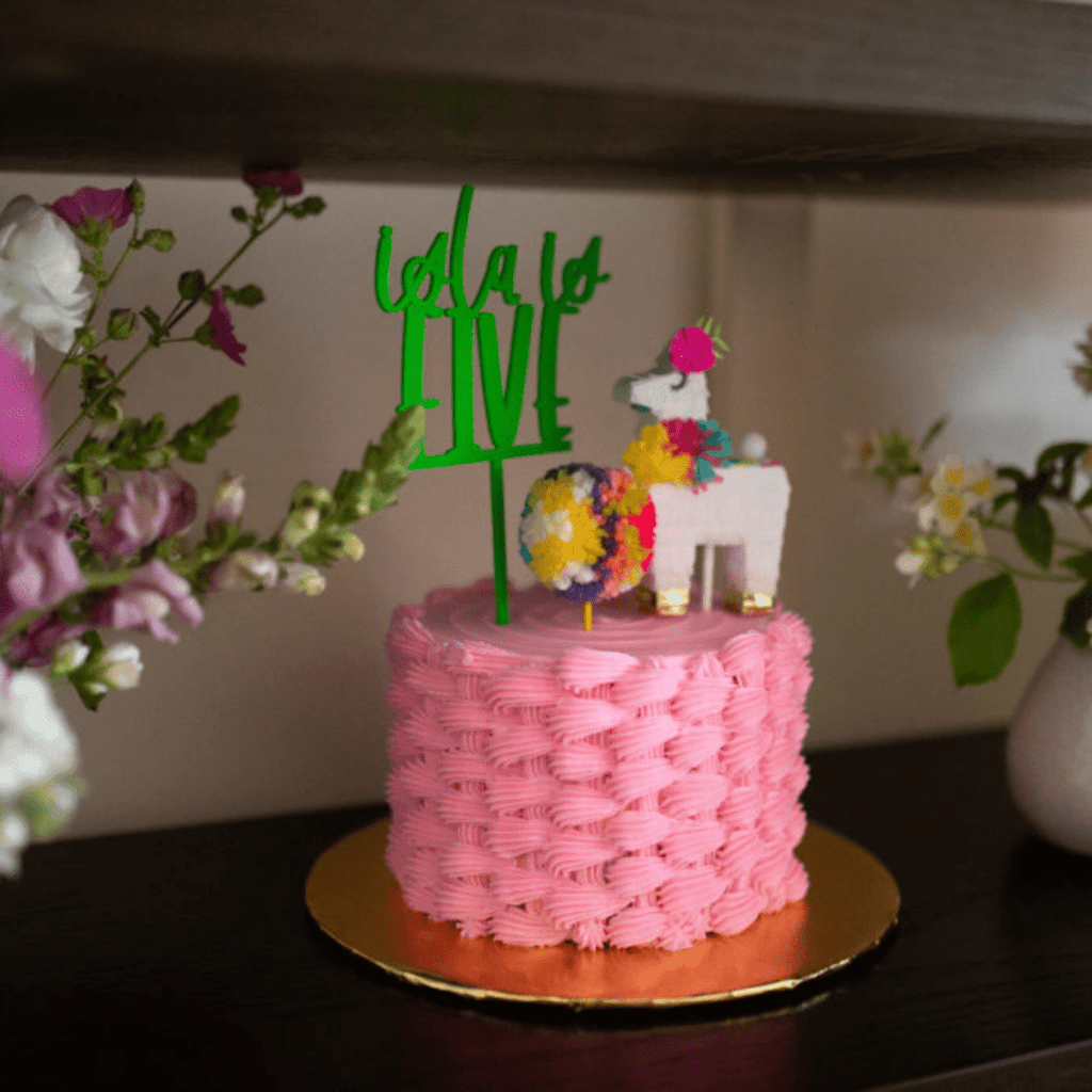 White Mini Llama Piñata Cake Topper with Colorful Flowers