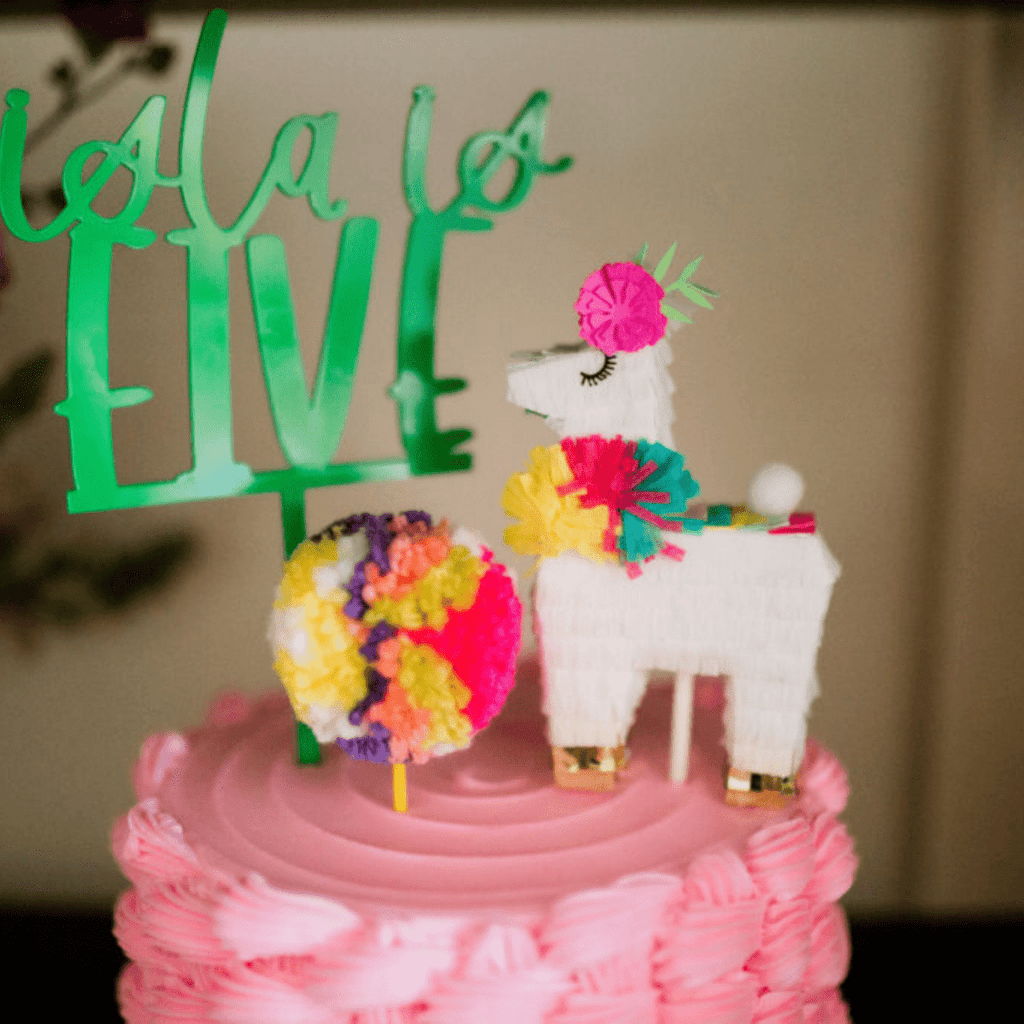 White Mini Llama Piñata Cake Topper with Colorful Flowers