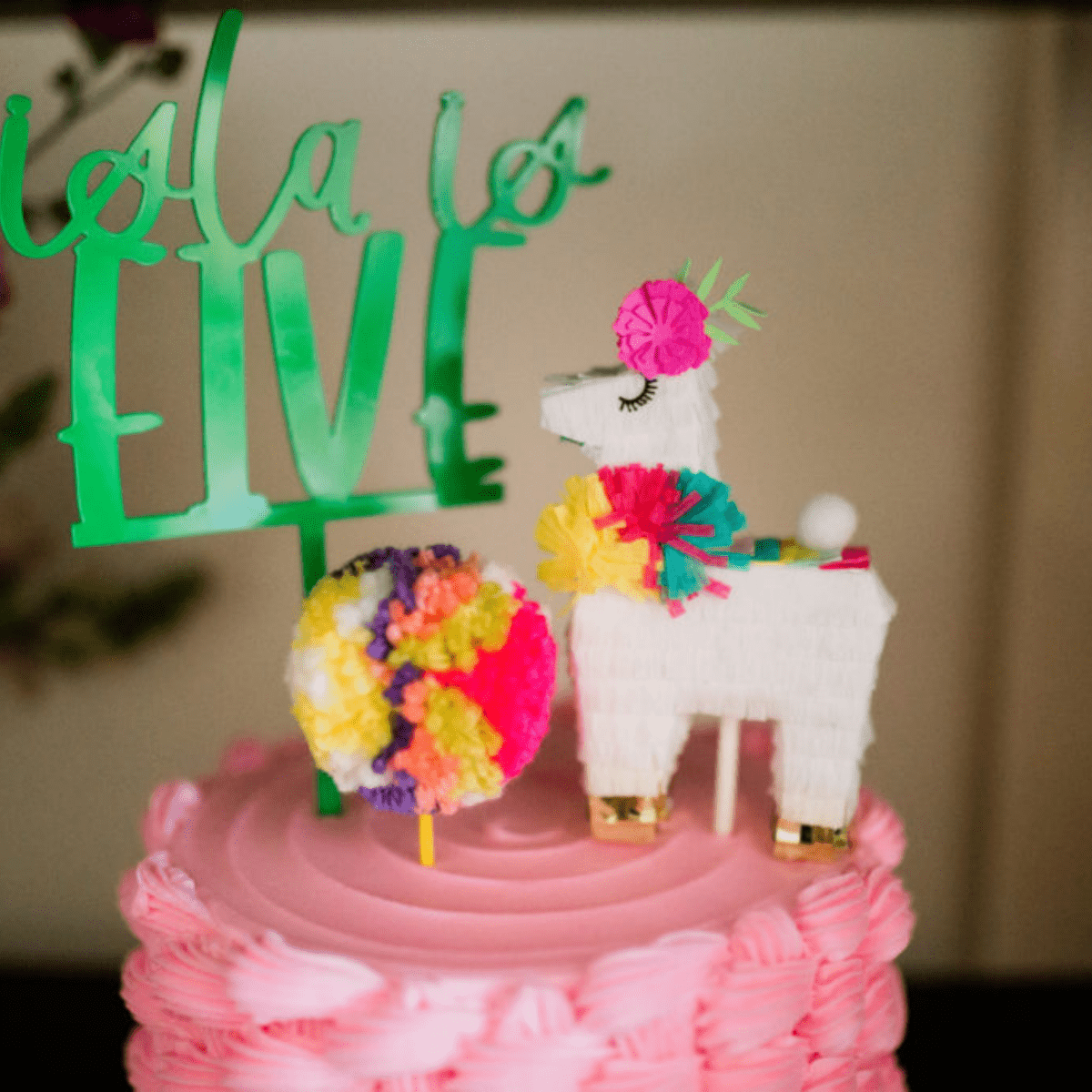 White Mini Llama Piñata Cake Topper with Colorful Flowers