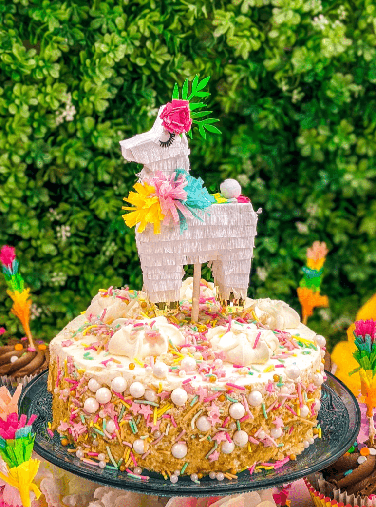White Mini Llama Piñata Cake Topper with Colorful Flowers