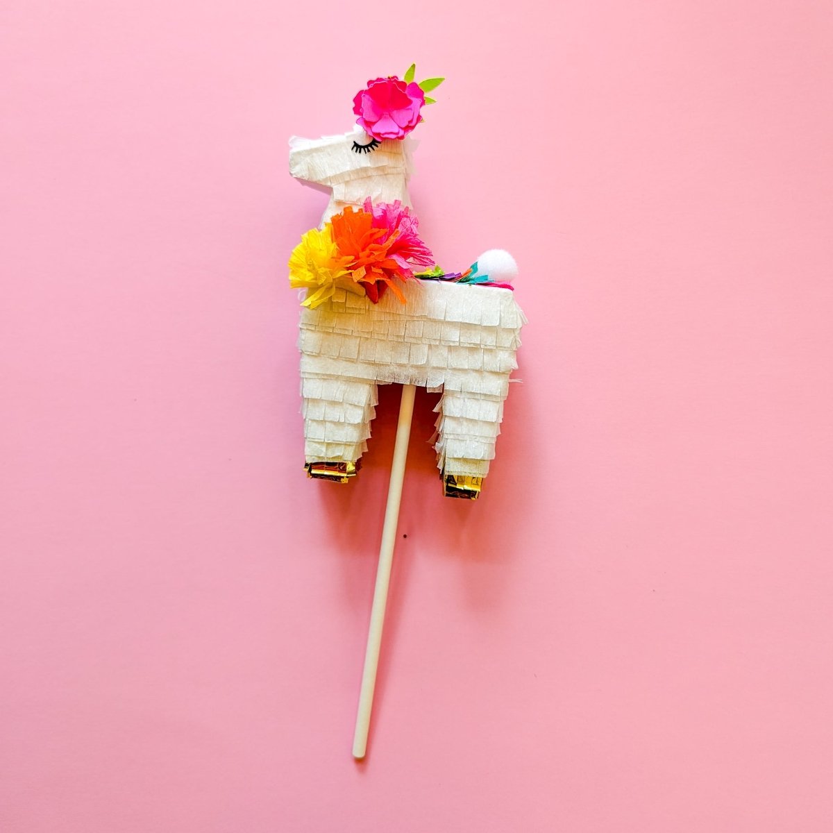 White Mini Llama Piñata Cake Topper with Colorful Flowers