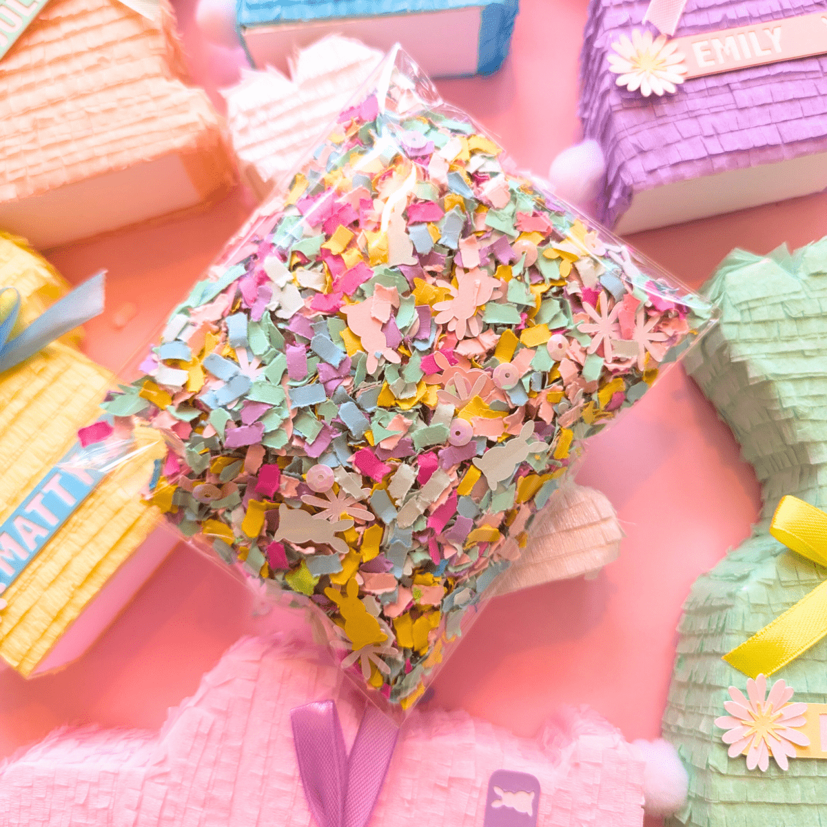 Pastel Easter bunny and white daisy confetti