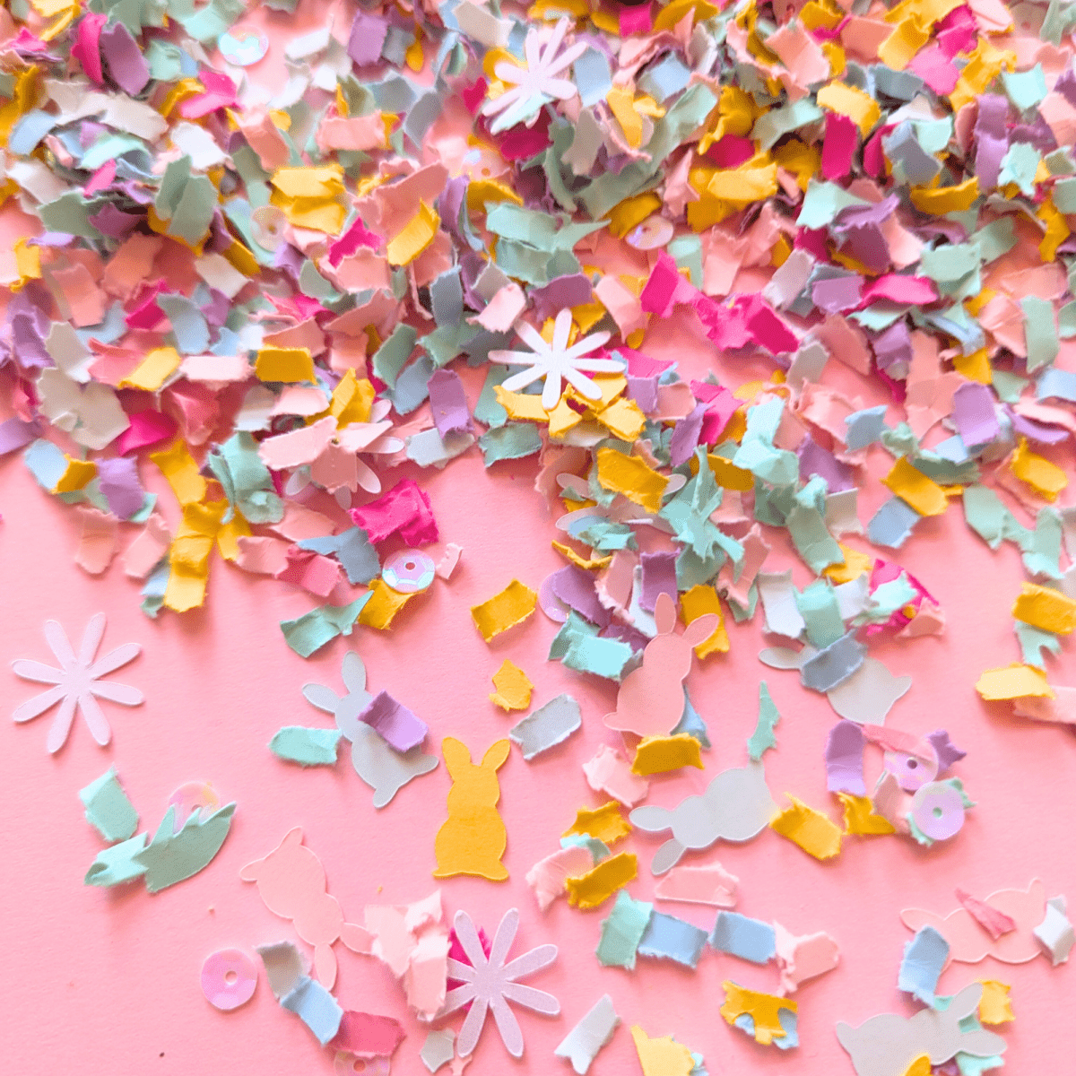 Pastel Easter bunny and white daisy confetti