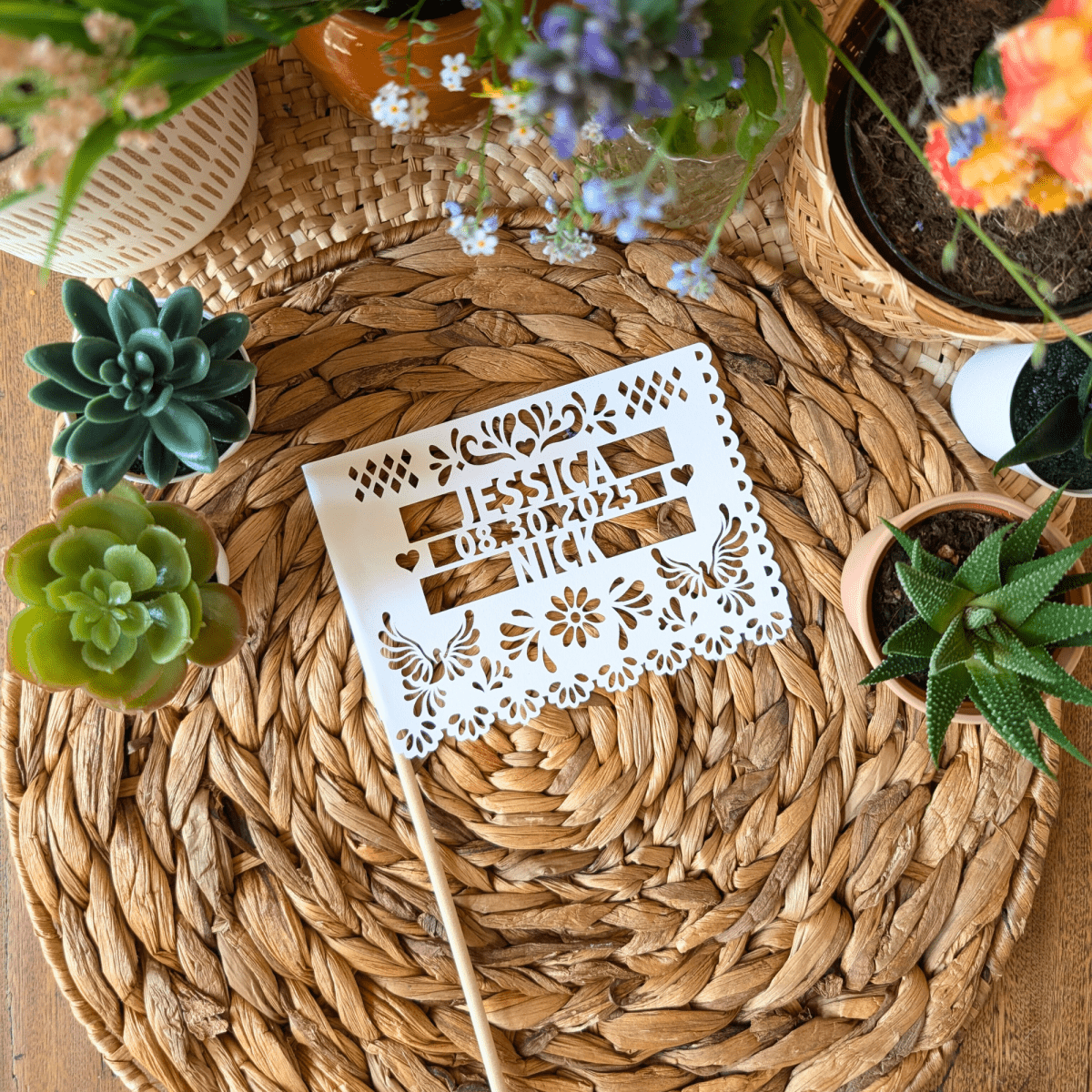 Personalized Cielito Lindo papel picado wedding flags