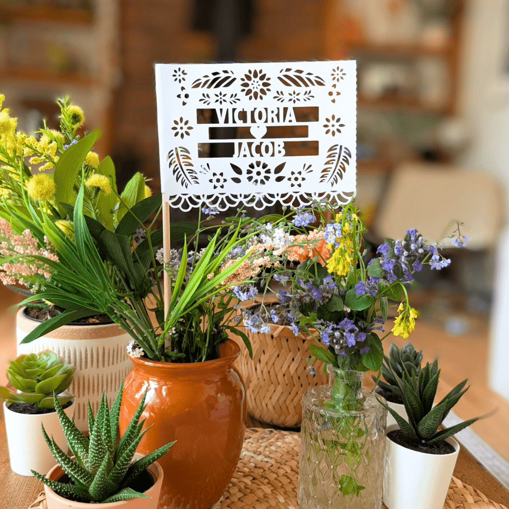 Personalized floral papel picado wedding centerpiece flags