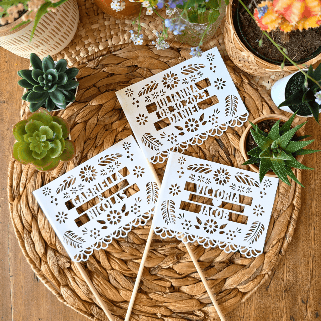 Personalized floral papel picado wedding centerpiece flags
