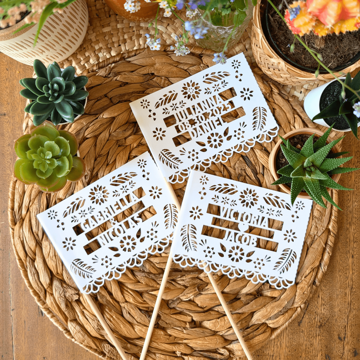 Personalized floral papel picado wedding centerpiece flags