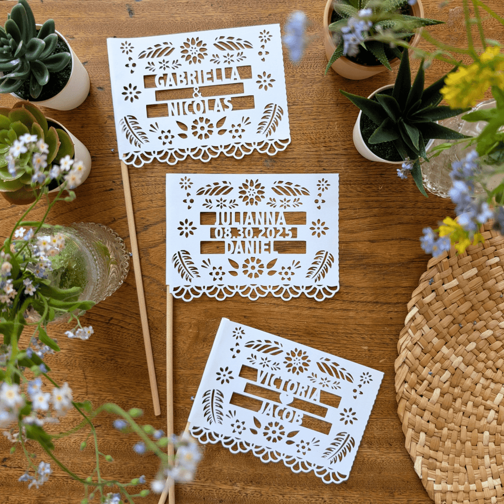 Personalized floral papel picado wedding centerpiece flags