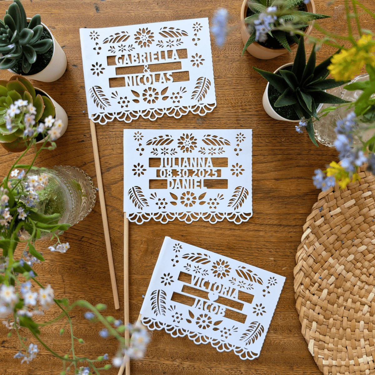 Personalized floral papel picado wedding centerpiece flags