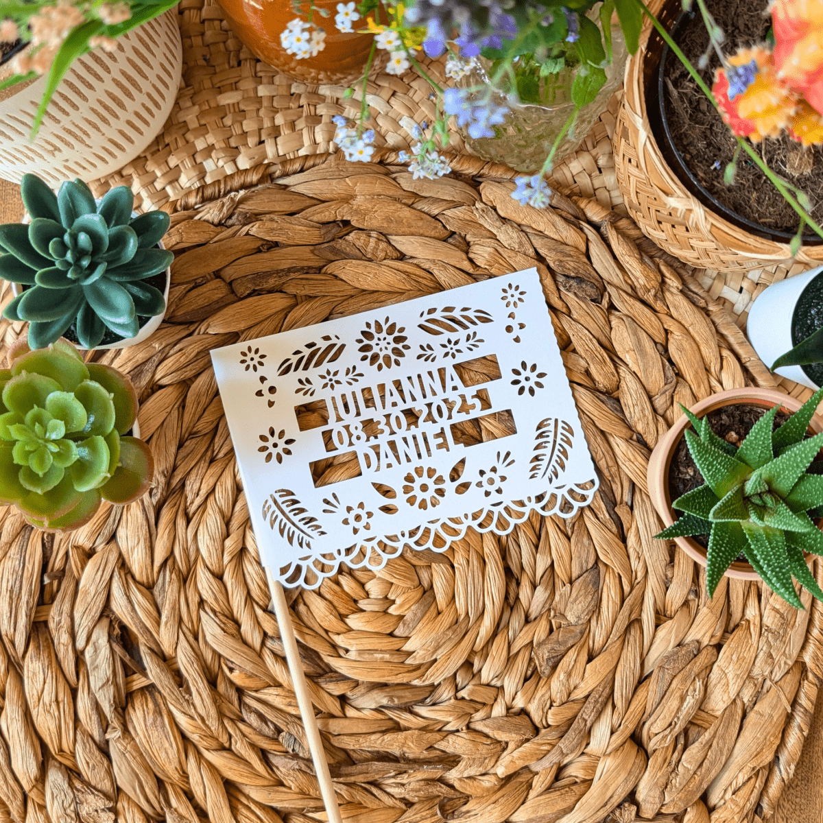Personalized floral wedding centerpiece flags