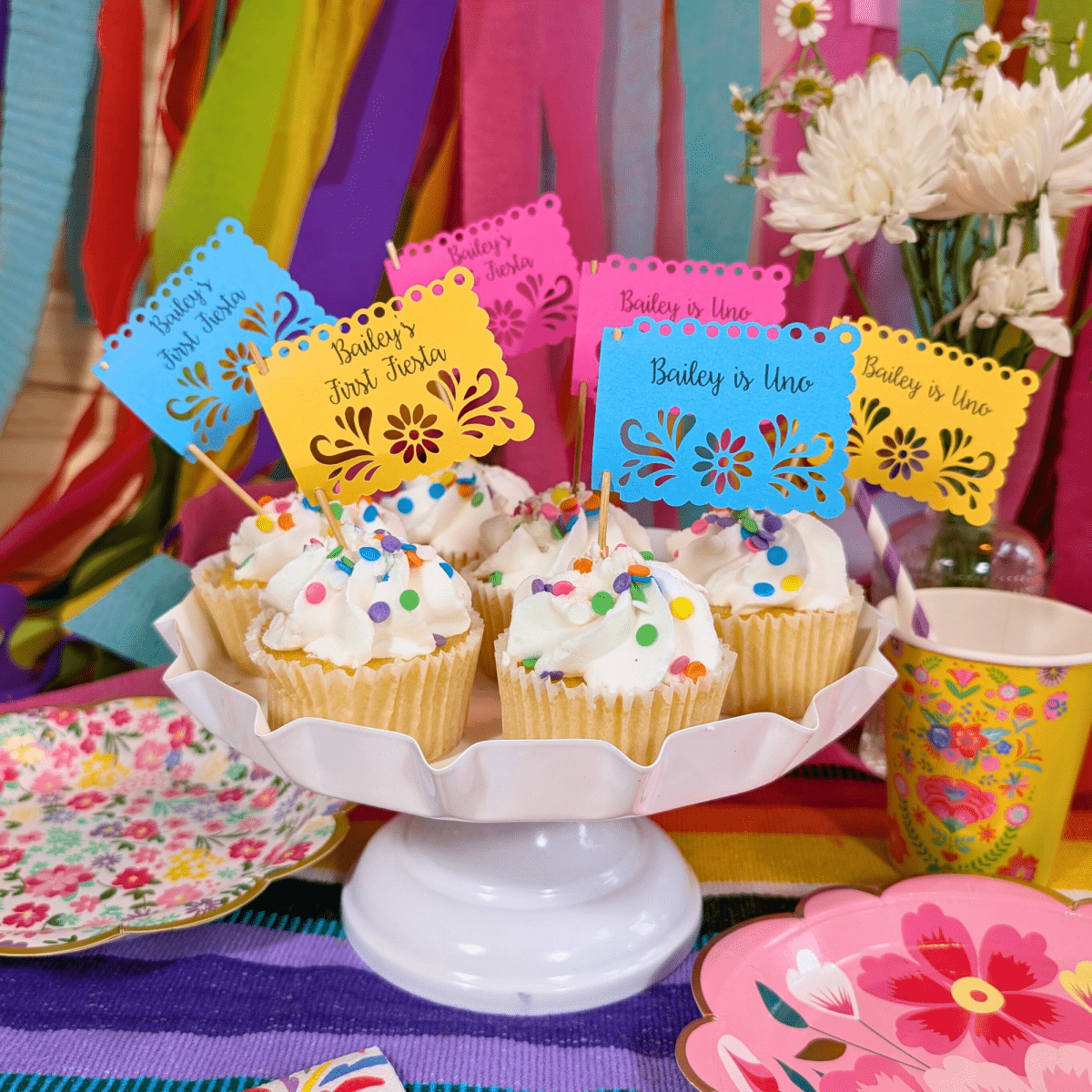 Personalized Papel Picado Fiesta Cupcake Toppers - Lula Flora