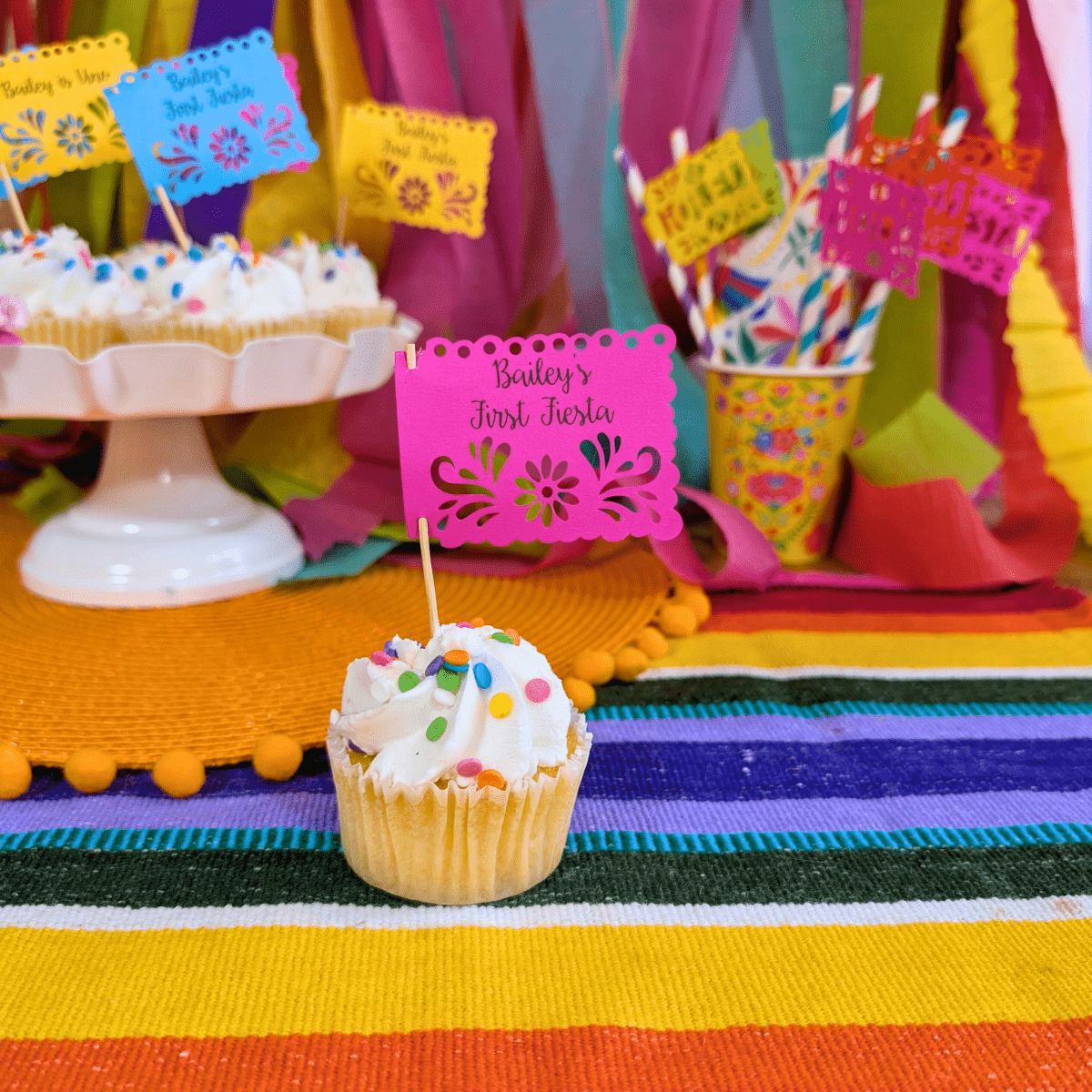 Personalized Papel Picado Fiesta Cupcake Toppers - Lula Flora